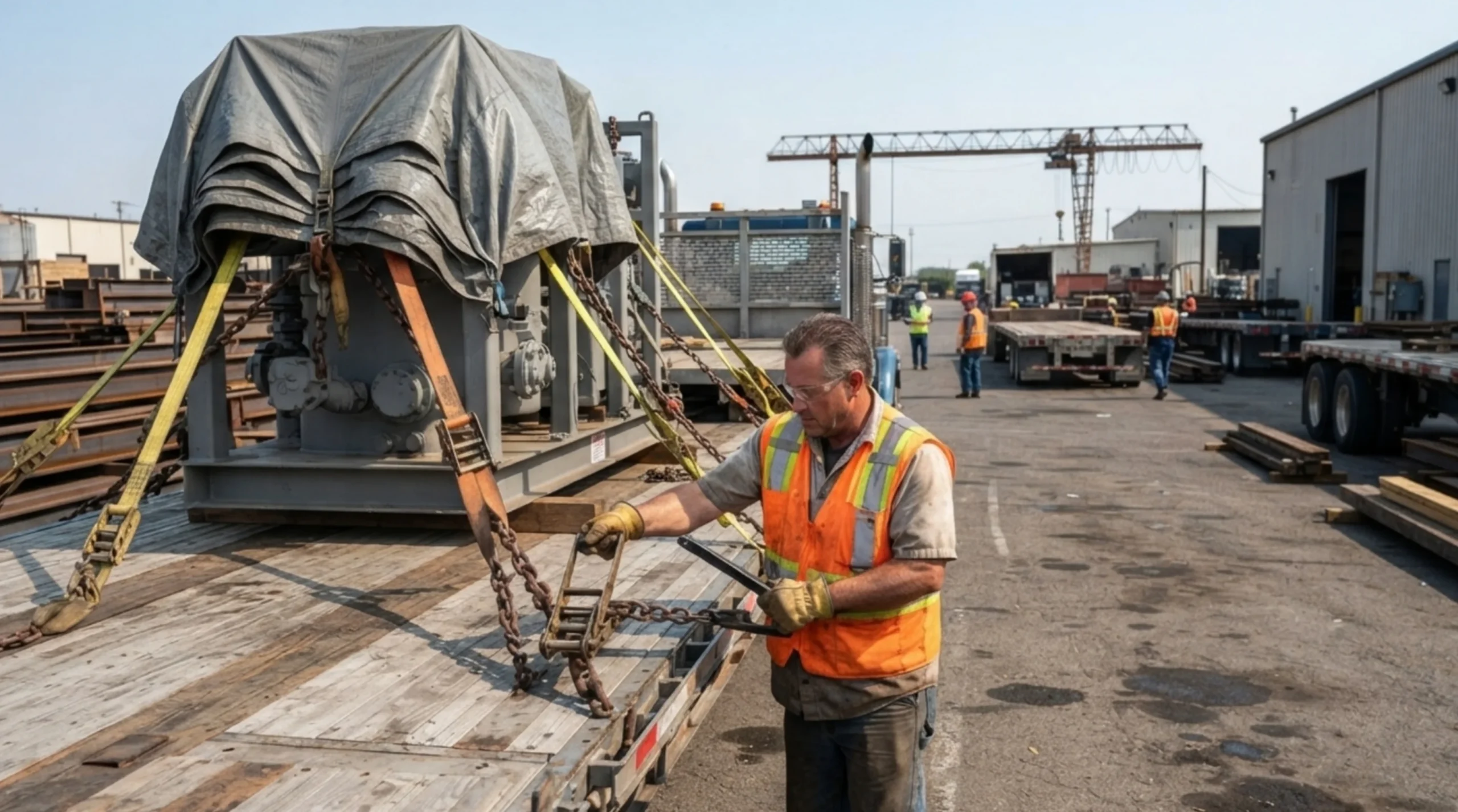 Driver Securing Industrial Cargo with Straps and Tarps